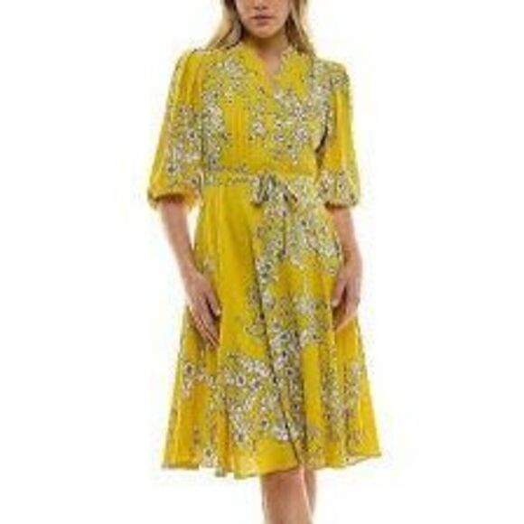 Nanette Lepore Women’s Size 12 Printed 3:4 Sleeve Shirt Dress Mustard Yellow NWT - Picture 1 of 16